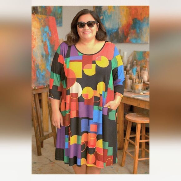 2/4 sleeves Lily geometric motif a line dress 22-24 plus dress - Picture 1 of 5